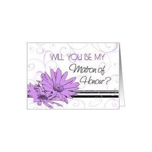  Matron of Honour Invitation   Purple Swirls & Flowers Card 