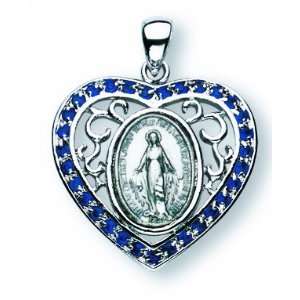 Sterling Silver Heart Shaped Mother Mary Blue Cubic Zirconia Medal 