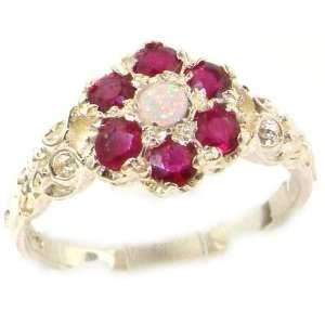 Victorian Ladies Solid Sterling Silver Natural Fiery Opal & Ruby Daisy 