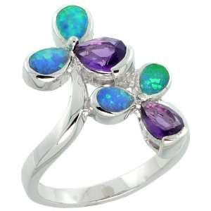  Sterling Silver, Synthetic Opal Inlay Floral Ring, w/ Pear 