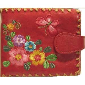  Butterfly and Flowers Embroidery Wallet RED   Medium 