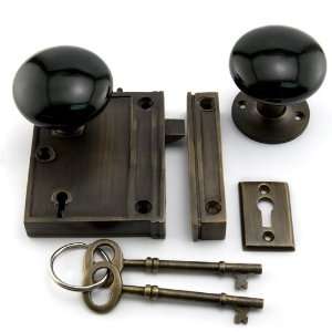   Rim Lock Set with Black Porcelain Knobs   Left Hand   Antique Brass
