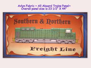 All Aboard Train Panel Green Engine Railroad Track Avlyn Cotton Fabric 