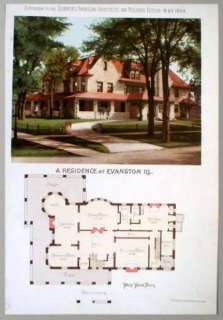 1894 Victorian House Litho Floor Plan Evanstown IL Rare  