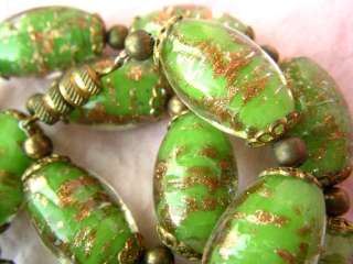 RARE Antique Green Gold Foil MURANO Glass Bead Necklace  