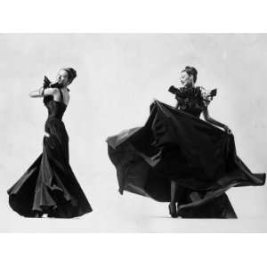 Double Image of Model Demonstrating Swirling Motion of Black Taffeta 