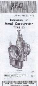 1963 1970 Amal Type 32 & 200 lightweight carburetor parts list 