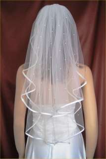 2T Ivory Elbow Pearl Wedding Veil Satin Ribbon Trim  