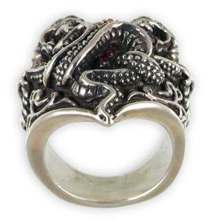 Amazingly Detailed Dragon Kiss Ring Covered In Red And Black Stones.