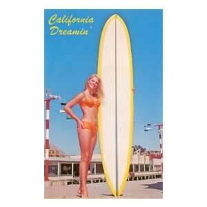 Blonde Woman with Tall Surfboard, California Premium Giclee Poster 