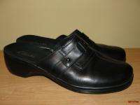 BFS02~CLARKS Black Leather Strap Accents Comfort Clogs Slides Shoes 