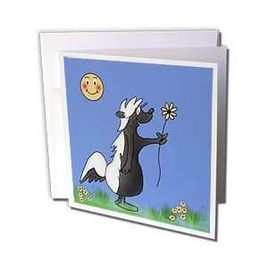    Cute cartoon skunk picking flowers for his date with a sun smiling 