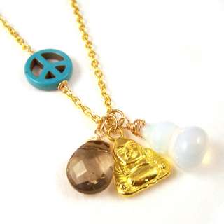 Unique Jewelry   Budai Buddha Charm w/ Opal Gemstone goldtone Necklace 