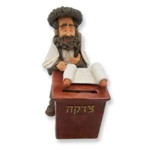  Tzedakah Box. Made out of Clay. Rabbi Standing with Torah 