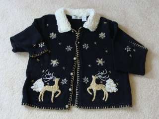Tacky Ugly Christmas Sweater Beaded snowflakes and Deer Sz L *  