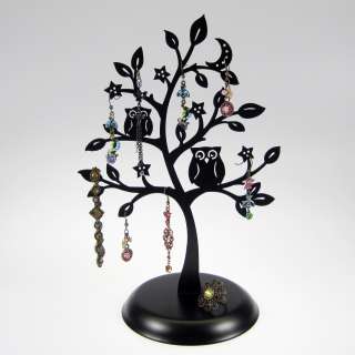 Black Owl Tree Jewelry Stand Earring Holder Organizer Leaves 