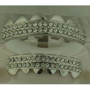  Grillz Diamond style CZ Silver tone top and bottom mouth grillz 