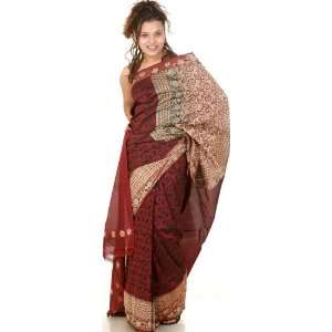  Maroon Designer Sari from Banaras with All Over Jute and 