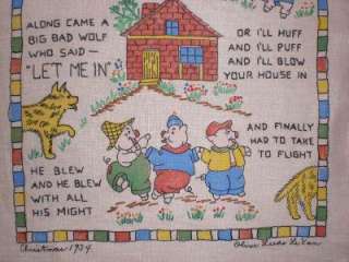   COLORFUL EMBROIDERED 3 LITTLE PIGS FAIRY TALE STORY SAMPLER SIGNED
