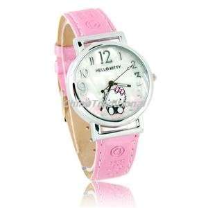 Lovely Hello Kitty Shell Dial Plate Leather Band Quartz 