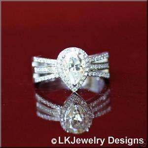 85CT PEAR MOISSANITE HALO PAVE ENGAGEMENT 3 BAND RING  