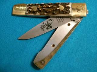   ITALY STAG TRIFOLD FOLDING DIRK HUNTER BOWIE KNIFE CARIBOU ETCH  