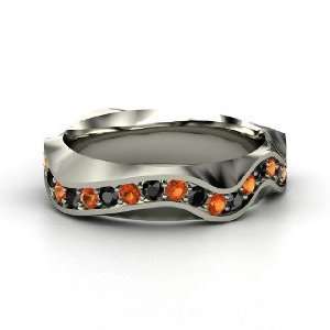  Wave Band, Sterling Silver Ring with Fire Opal & Black 
