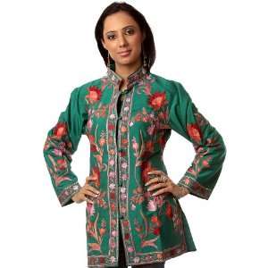 Islamic Green Jacket with Floral Embroidery All Over   Pure Matka Silk
