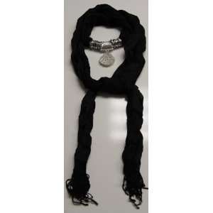  Black Fashion Scarf with Bejeweled Shell Pendant 