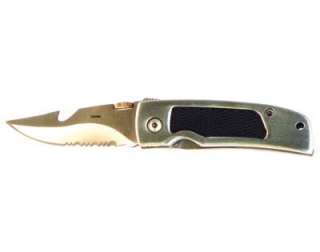 Stainless steel gut hooked folding knife with half serrated edge.