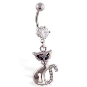  Belly button ring with dangling jeweled elegant cat 