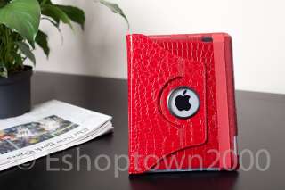 Red iPad 2 360 Leather Case Crocodile Rotating Magnetic Smart Cover 
