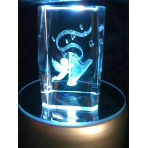    Laser Etched Crystal Cube Cherub with Harp 