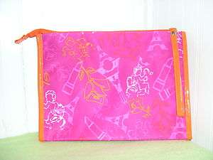 Lancome PINK EIFFEL TOWER PRINT Cosmetic Makeup Bag Clutch with Orange 