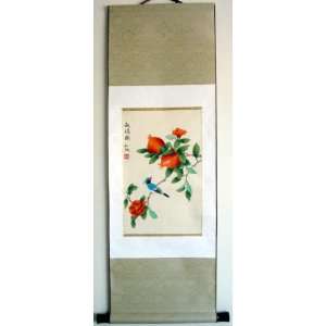   Art Silk Watercolor Painting Scroll Bird Flower 