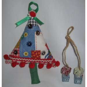   Christmas Ornaments Set Wood Blocks & Quilted Tree 
