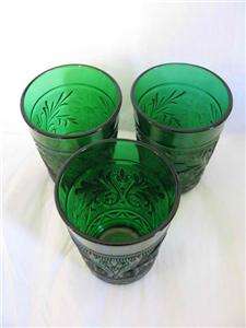 VINTAGE ANCHOR HOCKING (3)FOREST GREEN SANDWICH GLASS 9 oz TUMBLERS 