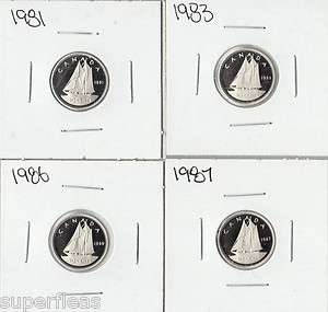   1983 1986 1987 Canadian Bluenose 10 Cent ~ Dime PR FROSTED PROOF COINS