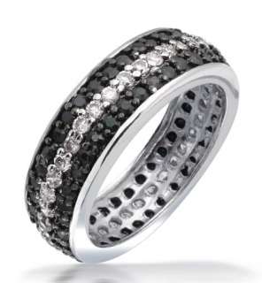 BLACK/WHITE CZ STERLING SILVER 3ROW ETERNITY BAND RING  