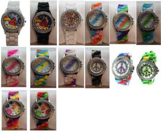 Geneva Tie Dye and Tattoo Watches, Silicone Band, CZ Face, Great Fun 