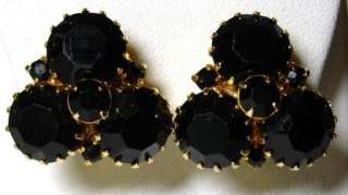 Black Glass Headlight Cluster Earrings Vintage Clip  