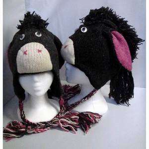 100% Wool Nepal Donkey Black Mohawk Animal Cap Earmuff Plush Hat 