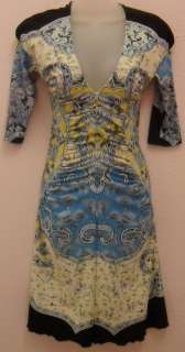 Roberto Cavalli Yellow and Blue Print Short Sleeve Dress 42 US 8 