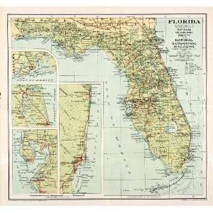 1930 Lithograph Antique Map Florida Tallahassee Miami Clearwater Tampa 