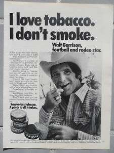 1976 Print Ad Skoal Smokeless Tobacco Walt Garrison NFL Dallas Cowboys 