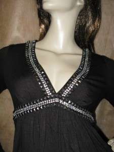 NEW S 6 8 Boston Proper Crystal Studded Empire Tunic Knit Top Black 