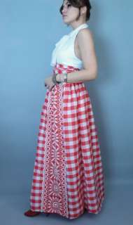   Vintage 60s Embroidered long halter full swing checkered DRESS  
