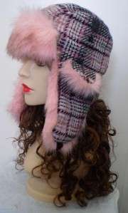 Ladies Plaid Pink Wool Winter Bomber Hat Faux Fur NEW  