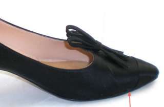 MANOLO BLAHNIK Black Satin Pumps Pointed Toe Shoes Kitten Heels 37.5 