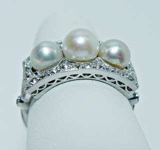 Antique Platinum Pearl European Diamond Filigree Ring Estate Jewelry 